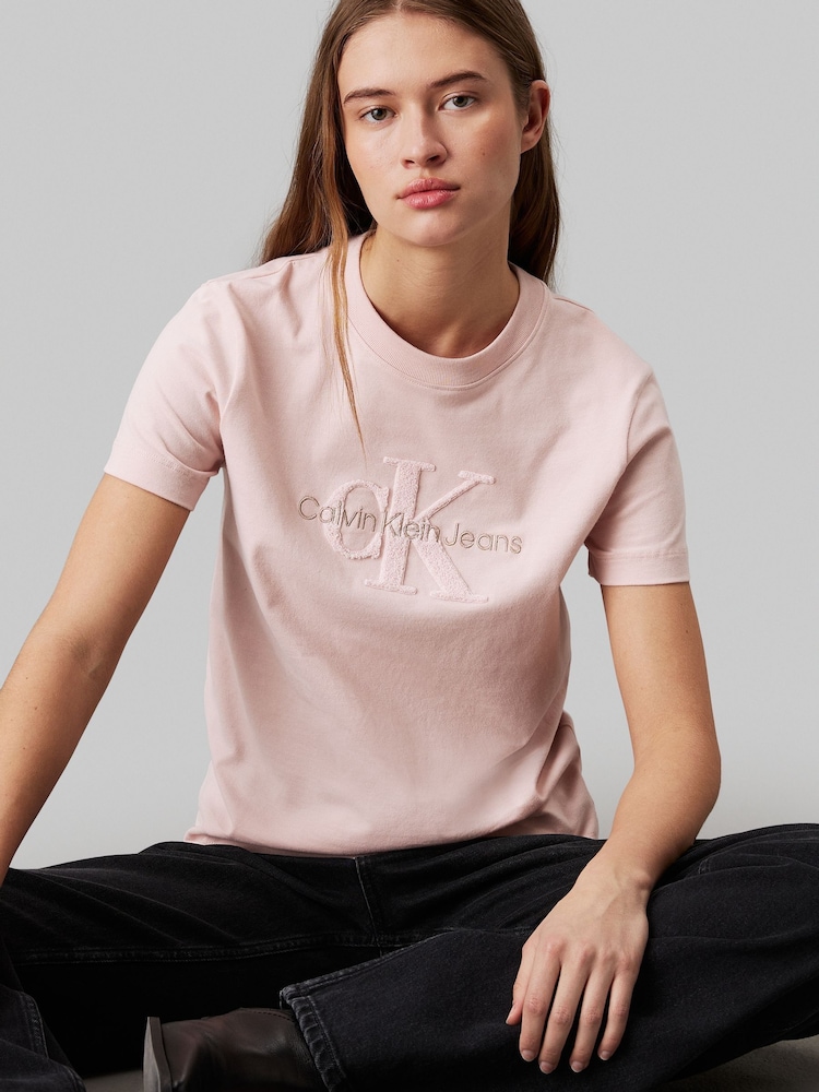 Calvin Klein Pink Regular Fit 100% Cotton Chenille Monologo T-Shirt - Image 4 of 4