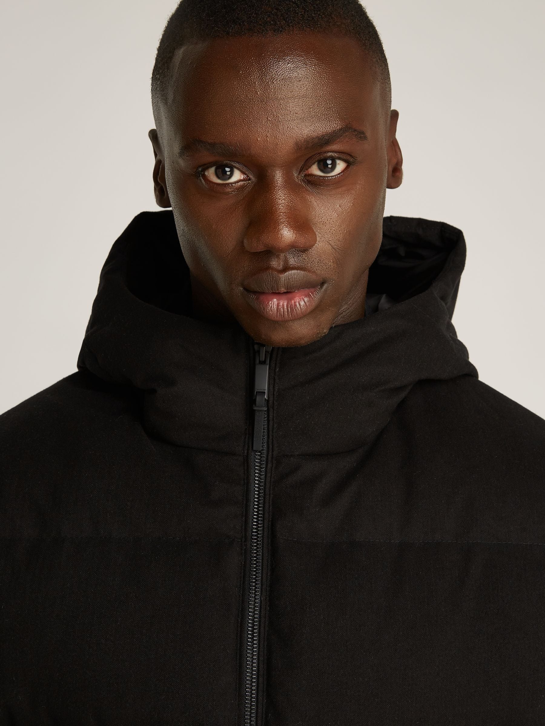Buy Calvin Klein Black Short Wool Hooded Puffer Jacket from