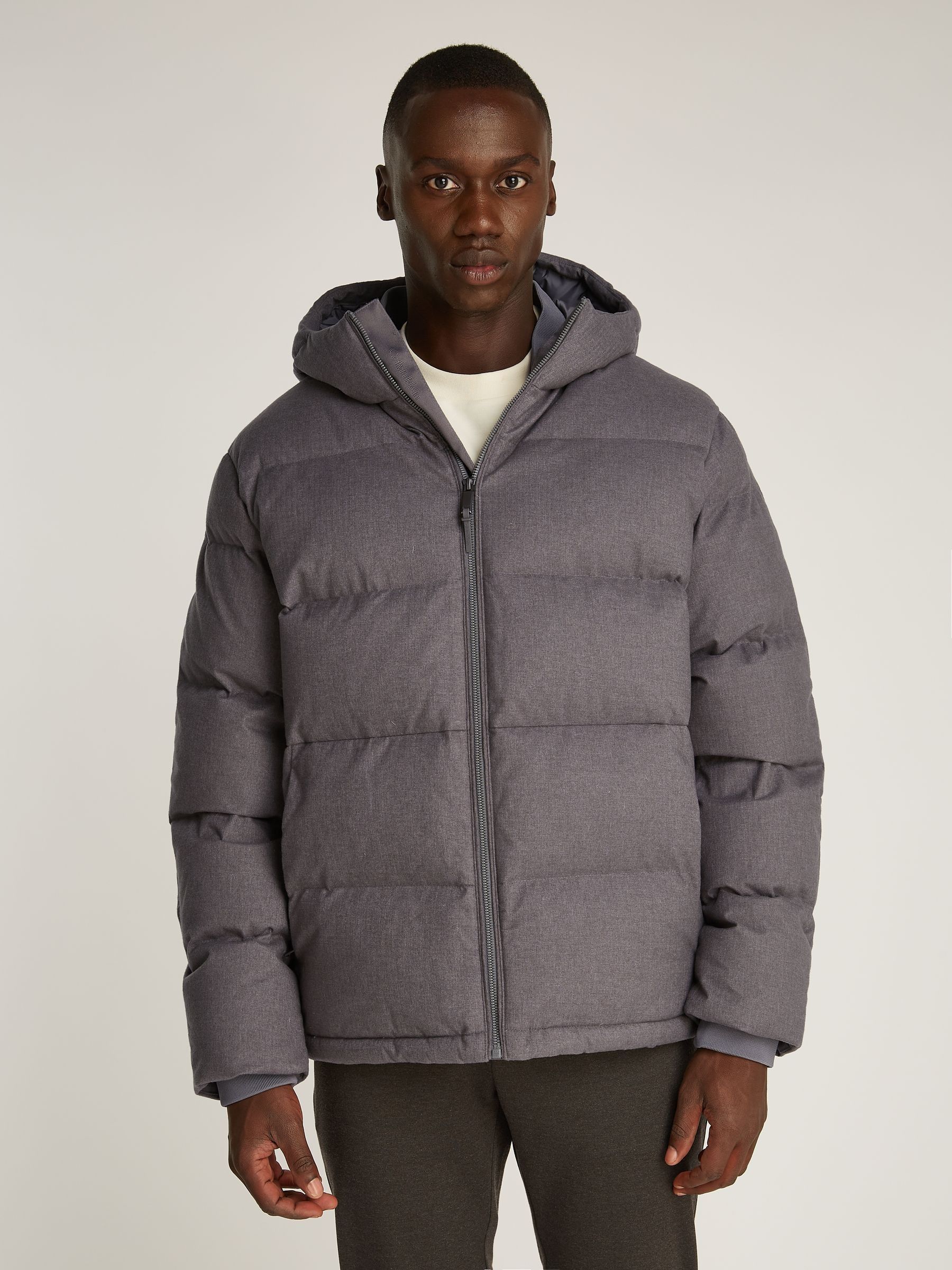 Calvin Klein Grey Short Wool Hooded Puffer Jacket