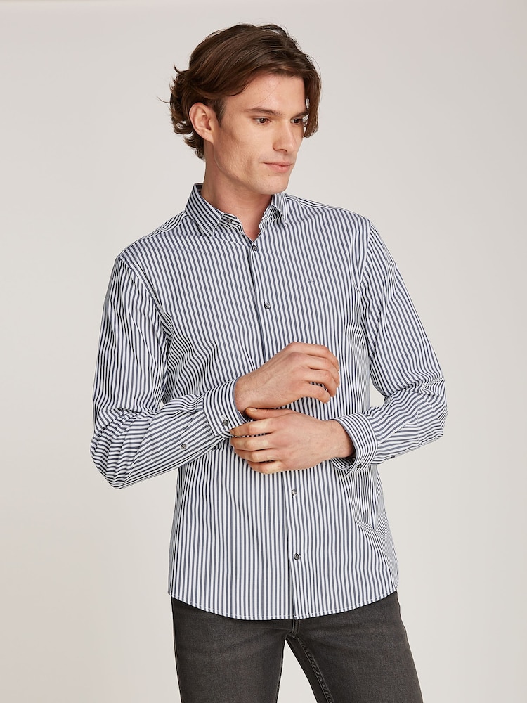 Calvin Klein Blue Poplin Stretch Stripe Shirt - Image 1 of 6