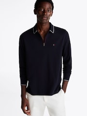 Tommy Hilfiger Blue Regular Fit Long Sleeved Quarter Zip Detail Polo Shirt - Image 1 of 5