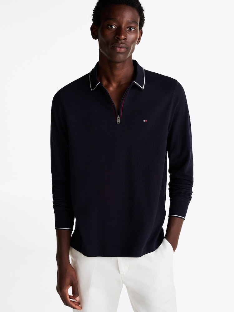 Tommy Hilfiger Blue Regular Fit Long Sleeved Quarter Zip Detail Polo Shirt - Image 1 of 5