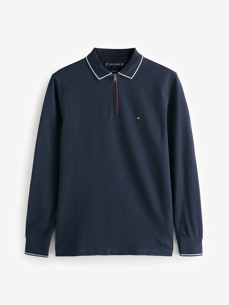Tommy Hilfiger Blue Regular Fit Long Sleeved Quarter Zip Detail Polo Shirt - Image 5 of 5