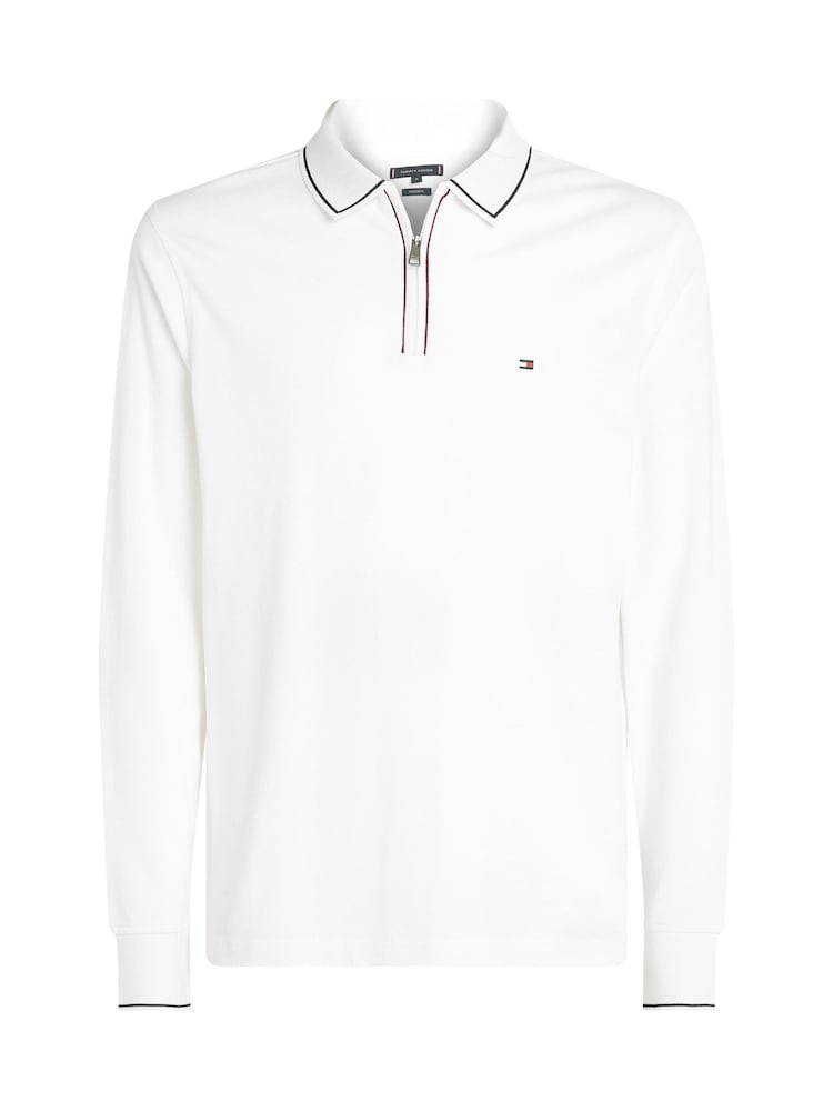 Tommy Hilfiger White Regular Fit Long Sleeved Quarter Zip Detail Polo Shirt - Image 1 of 2