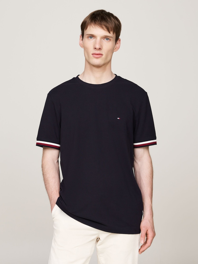 Tommy Hilfiger Blue Global Stripe Cuff Pique 100% Cotton T-Shirt - Image 1 of 5