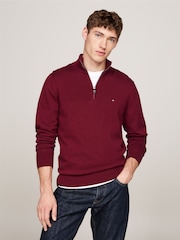 Tommy Hilfiger Red Quarter Zip Cotton Blend Jumper With Cashmere - Image 1 of 5
