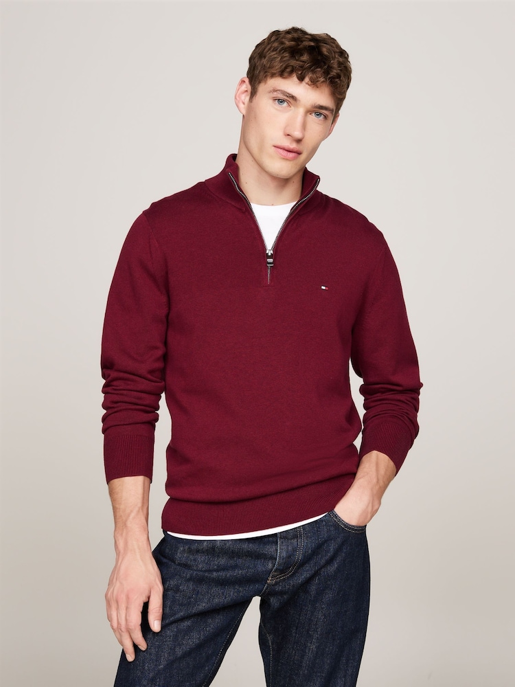 Tommy Hilfiger Red Quarter Zip Cotton Blend Jumper With Cashmere - Image 1 of 5