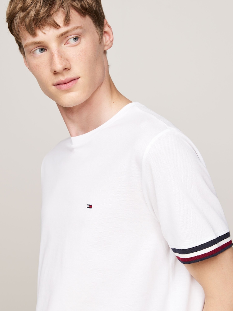 Tommy Hilfiger White Global Stripe Cuff Pique 100% Cotton T-Shirt - Image 2 of 5