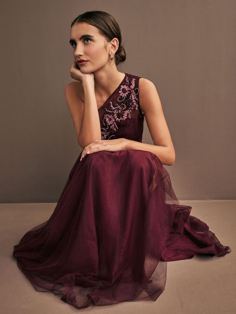Vijolična - Maya Eno ramo Tulle dolga obleka z okrašeno motivom - Slika 2 iz 3 Vijolična - Maya Eno ramo Tulle dolga obleka z okrašeno motivom - Slika 2 iz 3