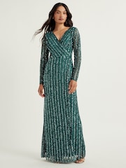 Maya Green Stripe Embellished Long Sleeve Wrap Maxi Dress - Image 1 of 3
