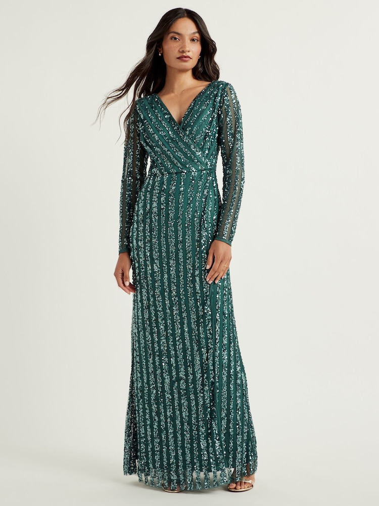 Maya Green Stripe Embellished Long Sleeve Wrap Maxi Dress - Image 1 of 3