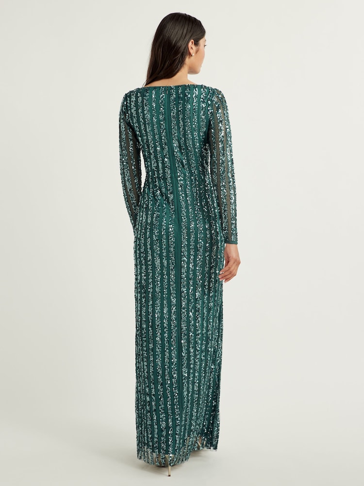 Maya Green Stripe Embellished Long Sleeve Wrap Maxi Dress - Image 2 of 3