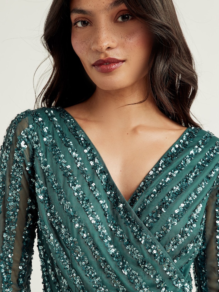 Maya Green Stripe Embellished Long Sleeve Wrap Maxi Dress - Image 3 of 3