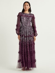Maya Purple Blouson Sleeve Sequin Maxi Dress With Ruffle Detail - Image 1 of 4