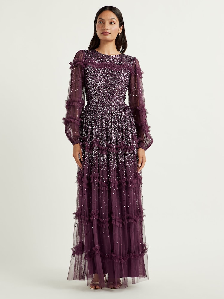 Maya Purple Blouson Sleeve Sequin Maxi Dress With Ruffle Detail - Image 1 of 4