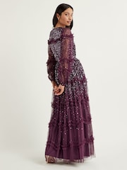 Maya Purple Blouson Sleeve Sequin Maxi Dress With Ruffle Detail - Image 2 of 4
