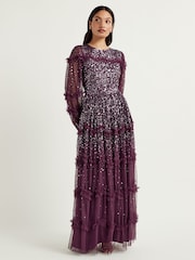 Maya Purple Blouson Sleeve Sequin Maxi Dress With Ruffle Detail - Image 3 of 4