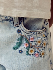 Light Blue Denim 100% Cotton Flower Embroidered Barrel Jeans (3-16yrs) - Image 2 of 4