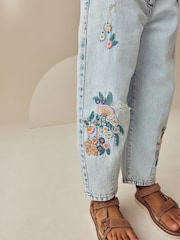 Light Blue Denim 100% Cotton Flower Embroidered Barrel Jeans (3-16yrs) - Image 4 of 4