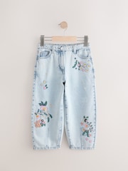 Light Blue Denim 100% Cotton Flower Embroidered Barrel Jeans (3-16yrs) - Image 5 of 8