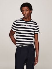 Tommy Hilfiger Blue 100% Cotton Tommy Logo Stripe T-Shirt - Image 1 of 6