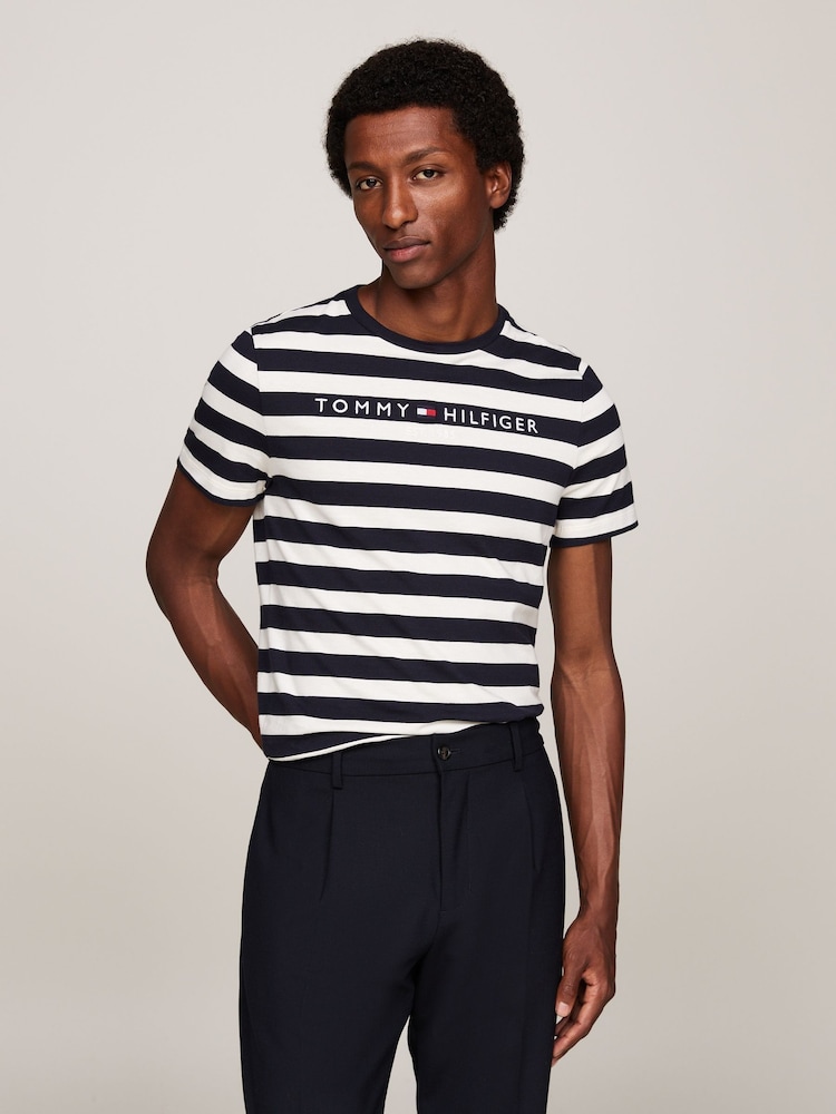 Tommy Hilfiger Blue 100% Cotton Tommy Logo Stripe T-Shirt - Image 1 of 6