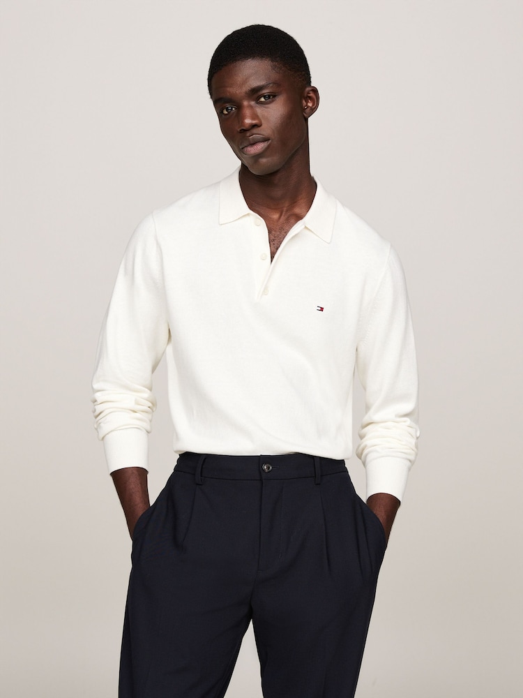 Tommy Hilfiger White Pima Cotton Cashmere Long Sleeve Polo Shirt - Image 1 of 5 Tommy Hilfiger White Pima Cotton Cashmere Long Sleeve Polo Shirt - Image 1 of 5