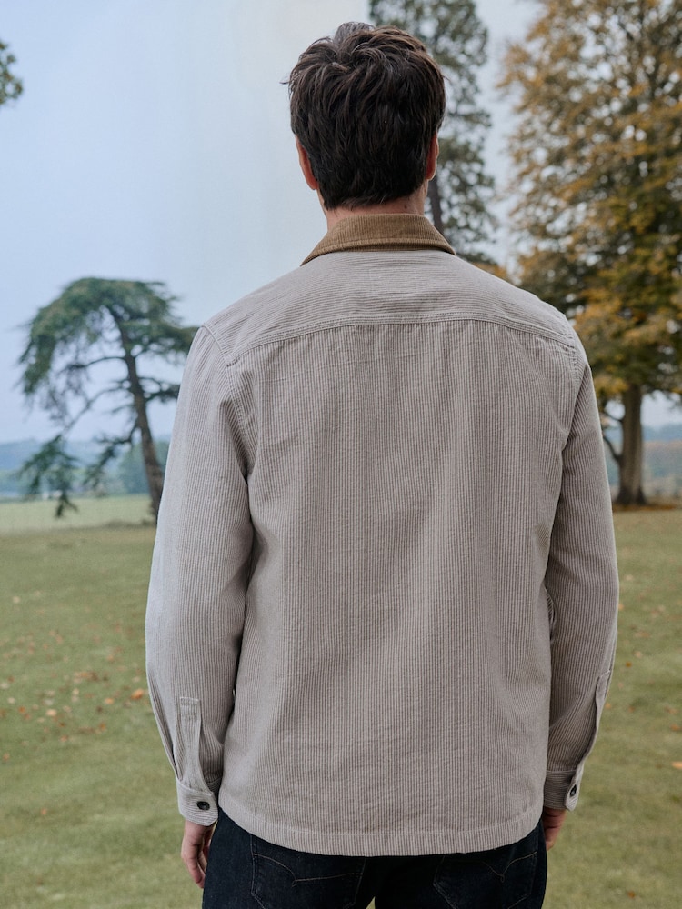 Neutral Stripe Corduroy Collar 100% Cotton Shacket - Image 3 of 11