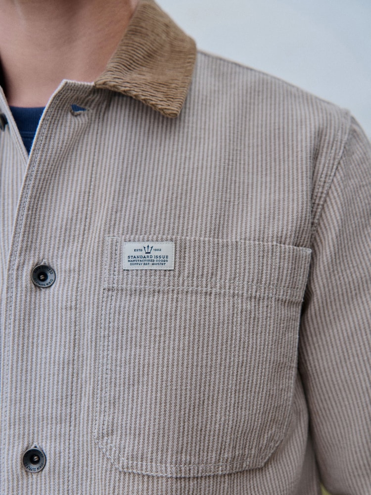 Neutral Stripe Corduroy Collar 100% Cotton Shacket - Image 4 of 11