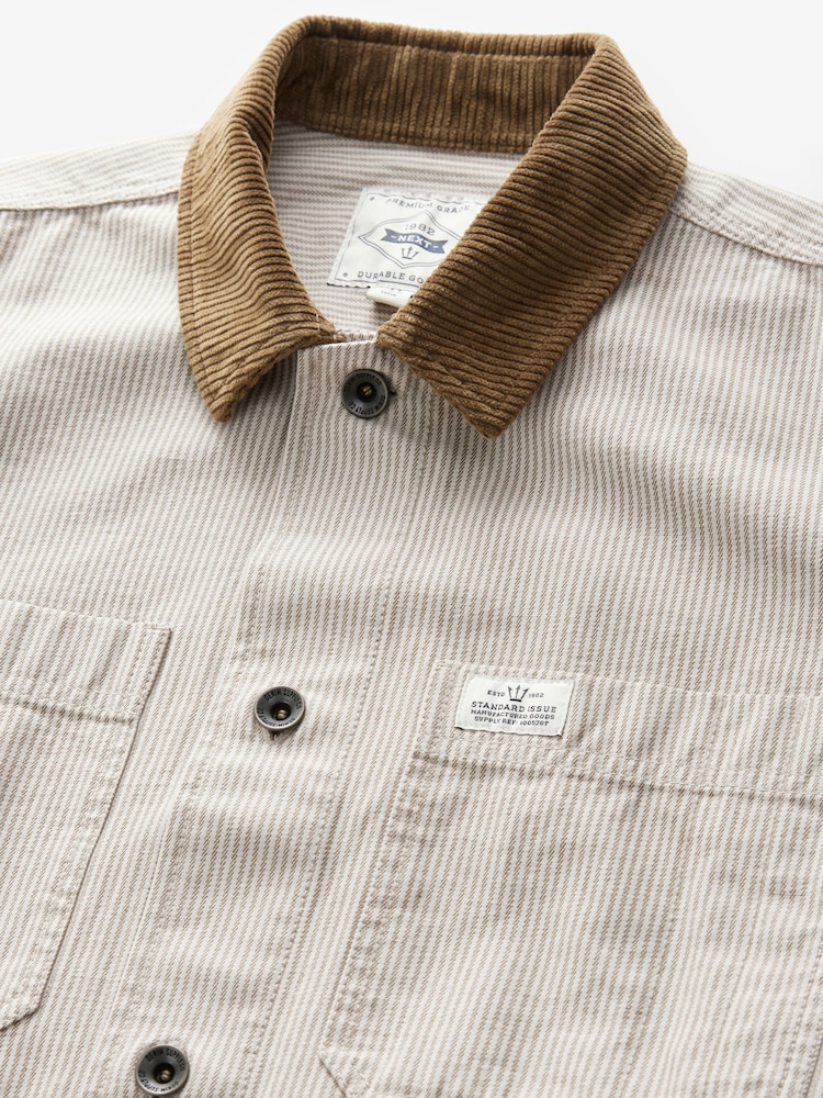 Neutral Stripe Corduroy Collar 100% Cotton Shacket - Image 7 of 11