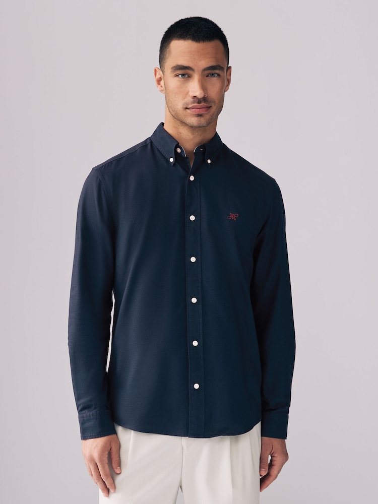 Navy Blue Slim Fit Long Sleeve Oxford Shirt - Image 1 of 10