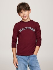 Tommy Hilfiger Burgundy Red Regular Fit Monotype Embroidered Long Sleeved 100% Cotton T-Shirts 2 Pack - Image 1 of 4