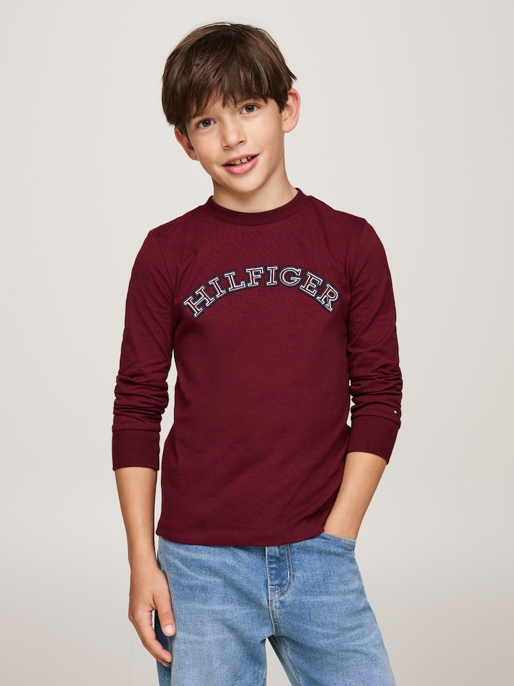 Tommy Hilfiger Burgundy Red Regular Fit Monotype Embroidered Long Sleeved 100% Cotton T-Shirts 2 Pack - Image 1 of 4