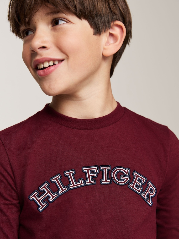 Tommy Hilfiger Burgundy Red Regular Fit Monotype Embroidered Long Sleeved 100% Cotton T-Shirts 2 Pack - Image 4 of 4