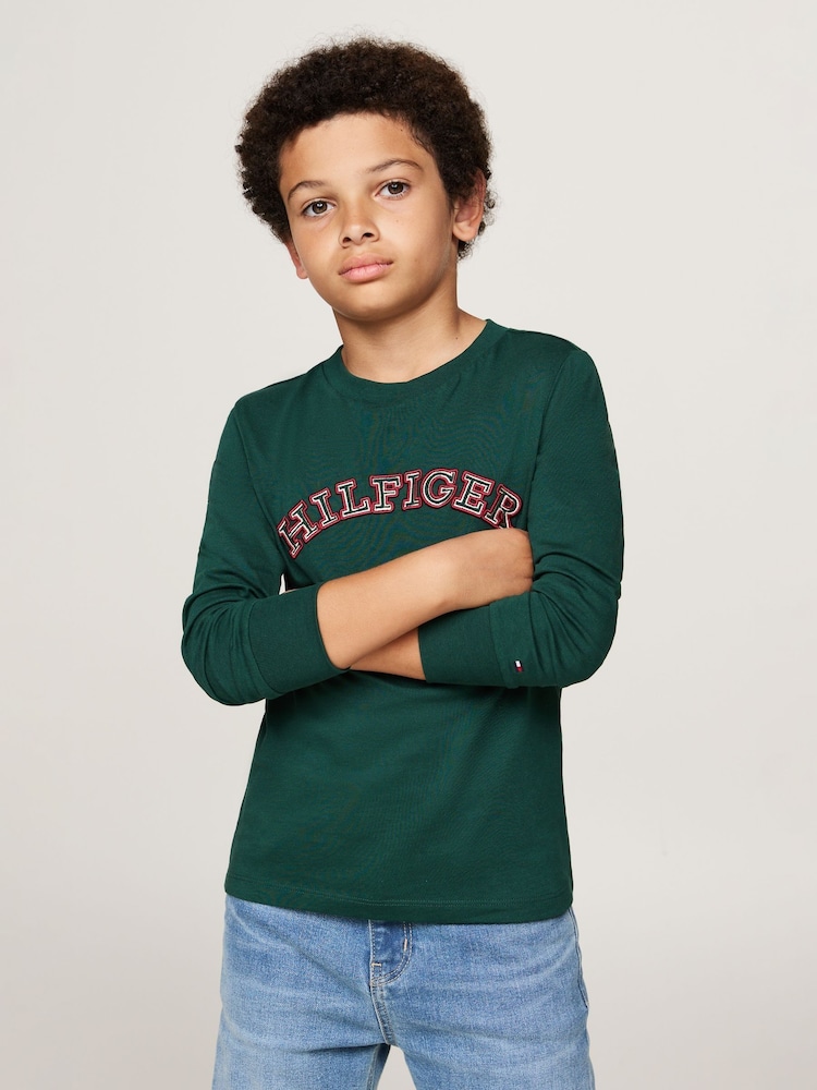 Tommy Hilfiger Green Regular Fit Monotype Embroidered Long Sleeved 100% Cotton T-Shirts 2 Pack - Image 1 of 4