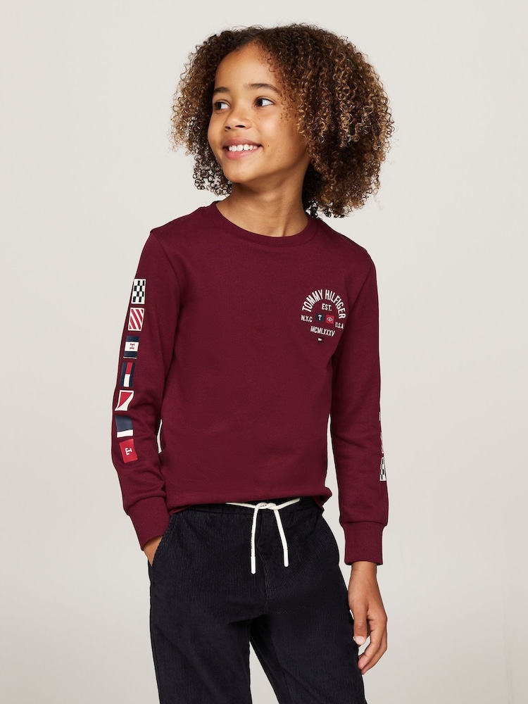 Tommy Hilfiger Burgundy Red Regular Fit Flags Embroidered Long Sleeved T-Shirt - Image 1 of 5