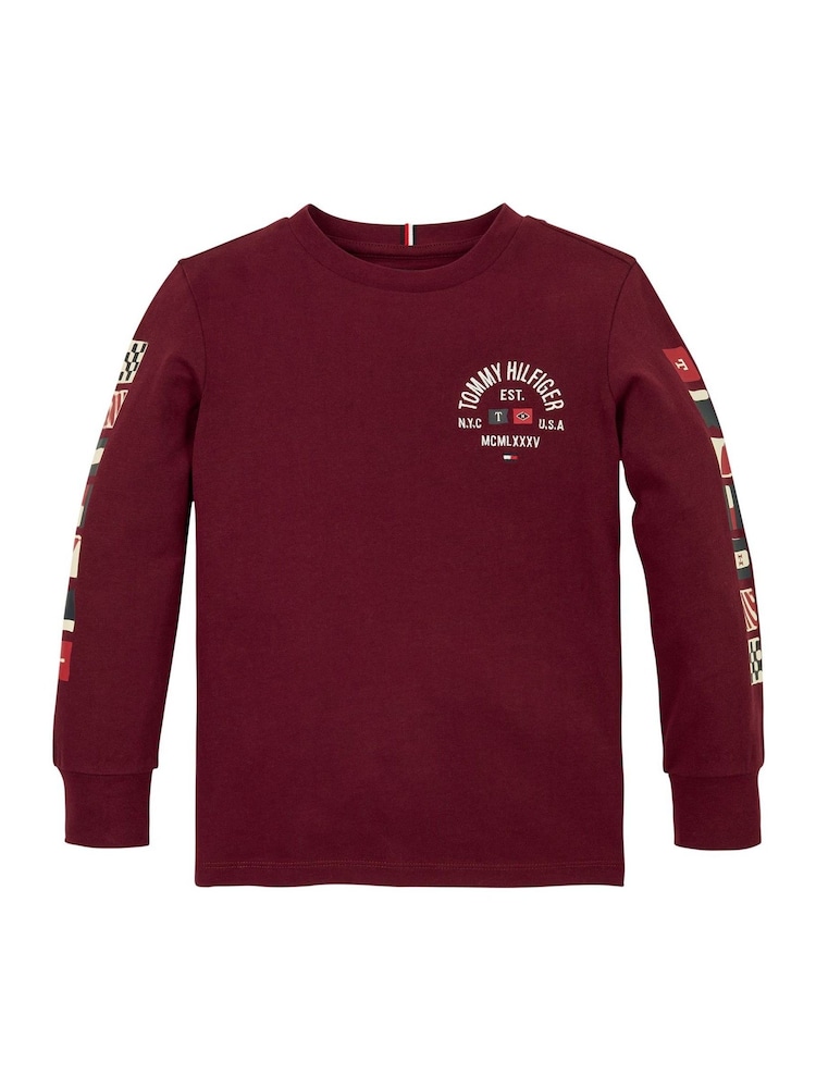 Tommy Hilfiger Burgundy Red Regular Fit Flags Embroidered Long Sleeved T-Shirt - Image 5 of 5