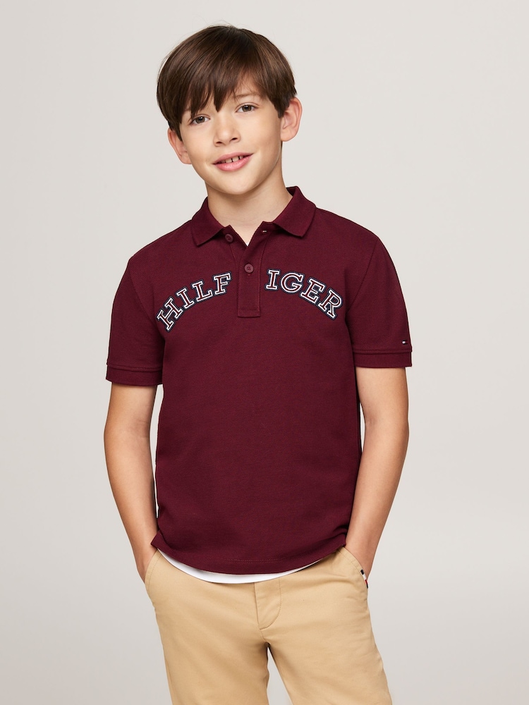 Tommy Hilfiger Burgundy Red Regular Fit Monotype Short Sleeved 100% Cotton Polo Shirt - Image 1 of 5