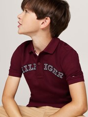 Tommy Hilfiger Burgundy Red Regular Fit Monotype Short Sleeved 100% Cotton Polo Shirt - Image 4 of 5
