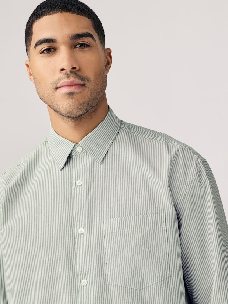 Green Stripe Long Sleeve Oxford 100% Cotton Shirt - Image 3 of 7