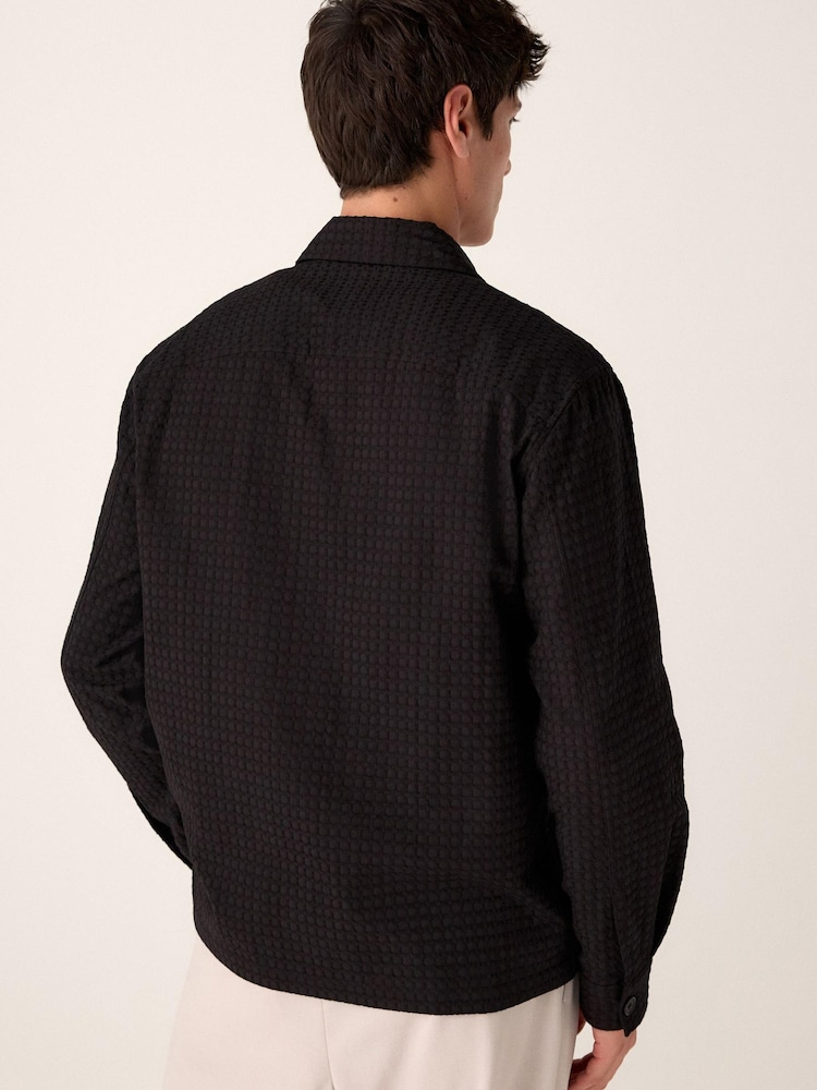 Black Textured Waffle Long Sleeve 100% Cotton Shirt - Image 2 of 8