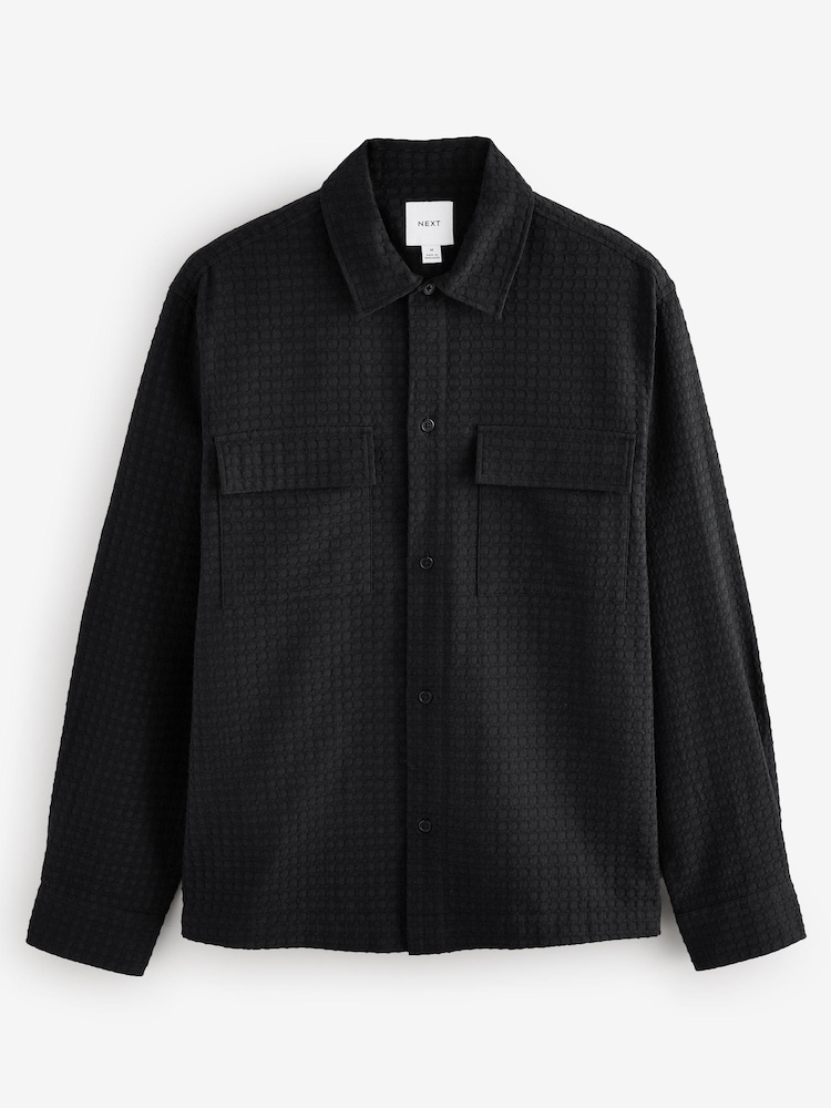 Black Textured Waffle Long Sleeve 100% Cotton Shirt - Image 6 of 8