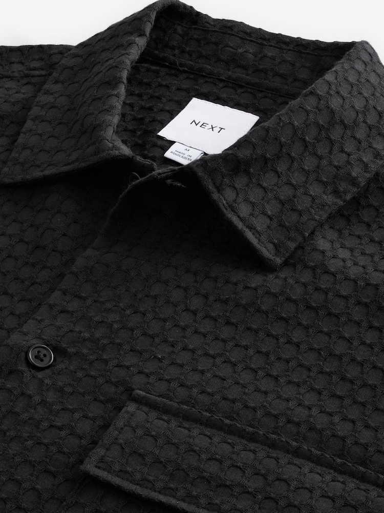 Black Textured Waffle Long Sleeve 100% Cotton Shirt - Image 7 of 8