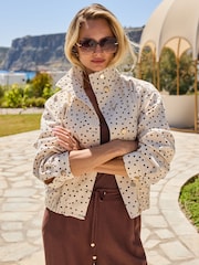 Sosandar Cream Polka Dot Funnel Neck Denim Jacket - Image 4 of 5