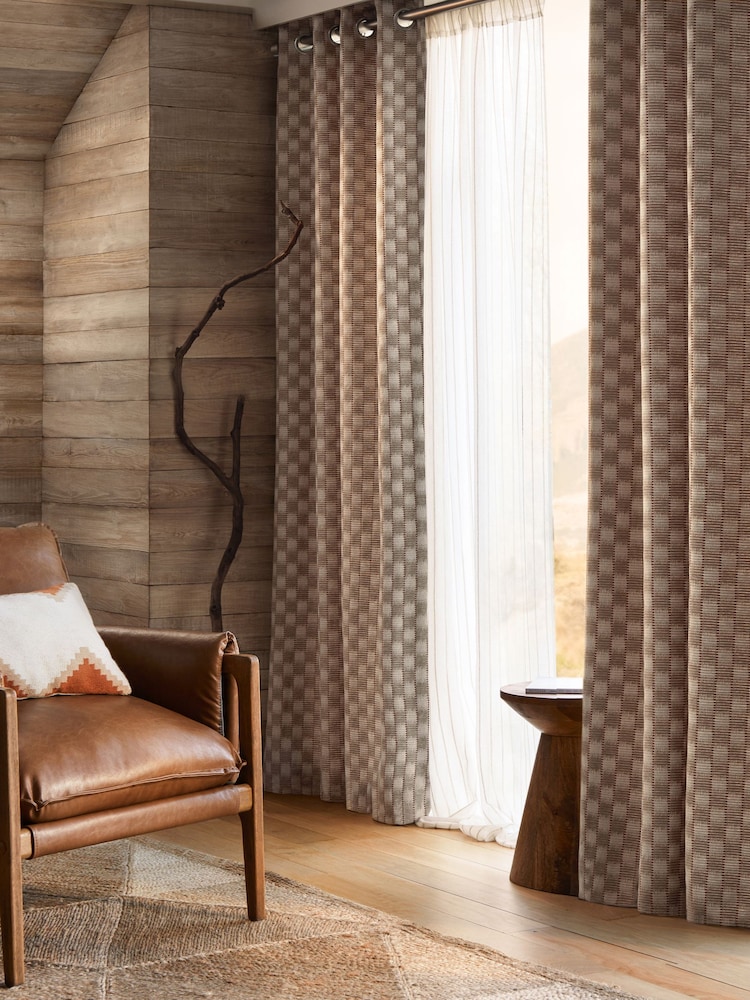 Natural/Orange Stripe Jacquard Eyelet Lined Curtains - Image 2 of 5
