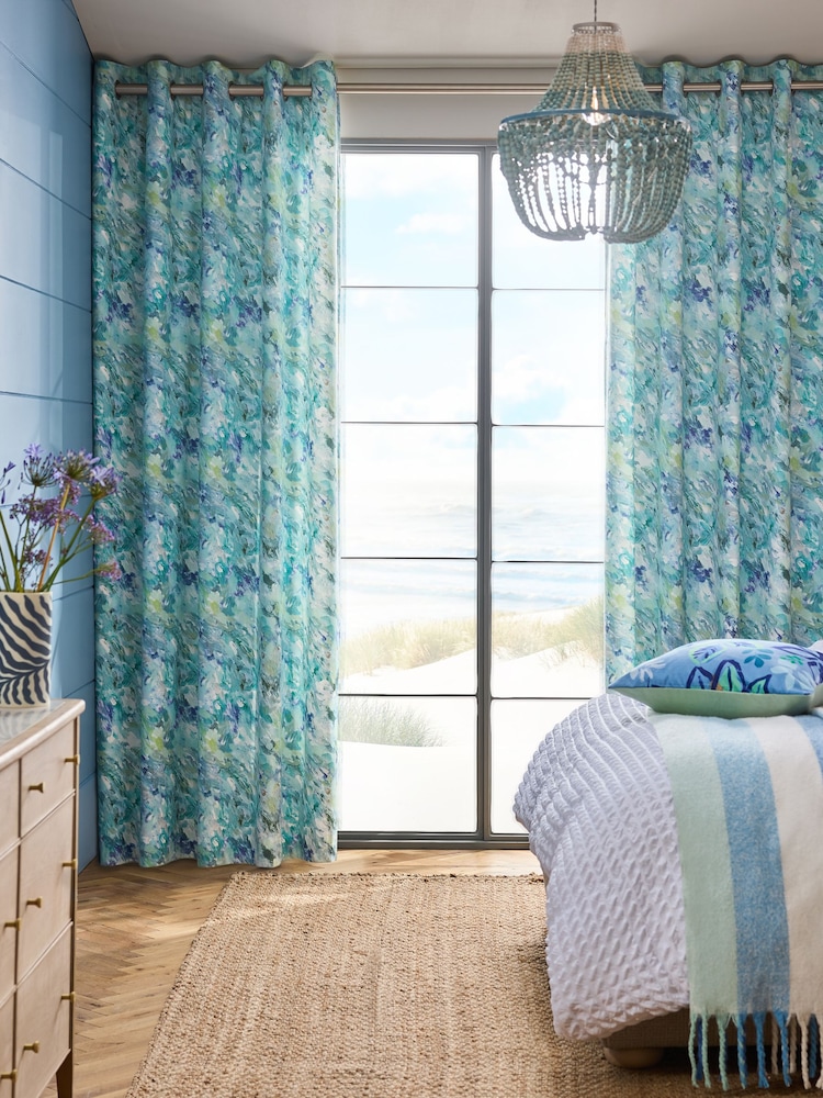 Green/Blue Blurred Abstract Printed Velvet Eyelet Lined Curtains - Image 1 of 2