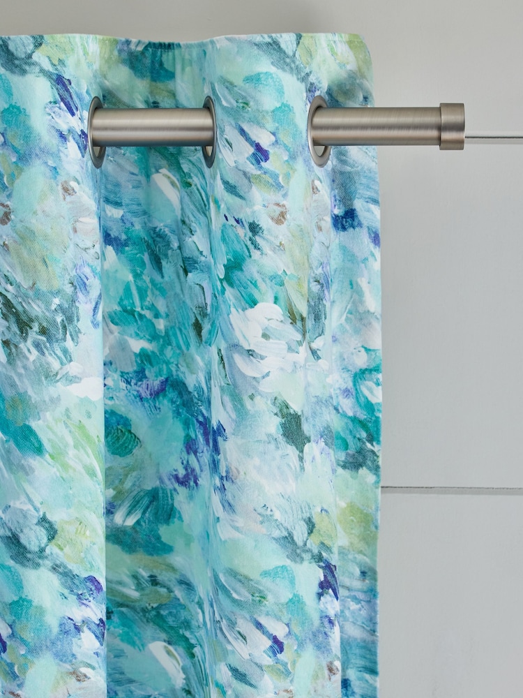 Green/Blue Blurred Abstract Printed Velvet Eyelet Lined Curtains - Image 3 of 3