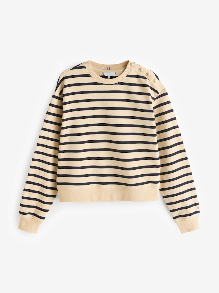 Tommy Hilfiger Nude Regular Fit Gold Button Crew Neck 100% Cotton Sweatshirt - Image 1 of 3 Tommy Hilfiger Nude Regular Fit Gold Button Crew Neck 100% Cotton Sweatshirt - Image 1 of 3