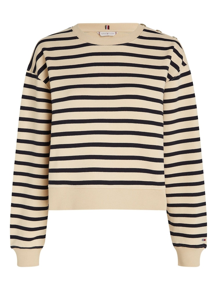 Tommy Hilfiger Nude Regular Fit Gold Button Crew Neck 100% Cotton Sweatshirt - Image 2 of 3 Tommy Hilfiger Nude Regular Fit Gold Button Crew Neck 100% Cotton Sweatshirt - Image 2 of 3
