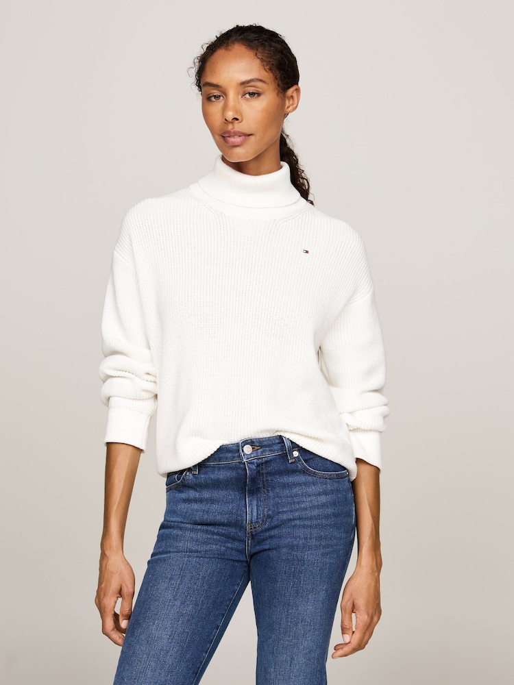 Tommy Hilfiger Cream Cotton Roll Neck Cream Jumper - Image 1 of 1 Tommy Hilfiger Cream Cotton Roll Neck Cream Jumper - Image 1 of 1